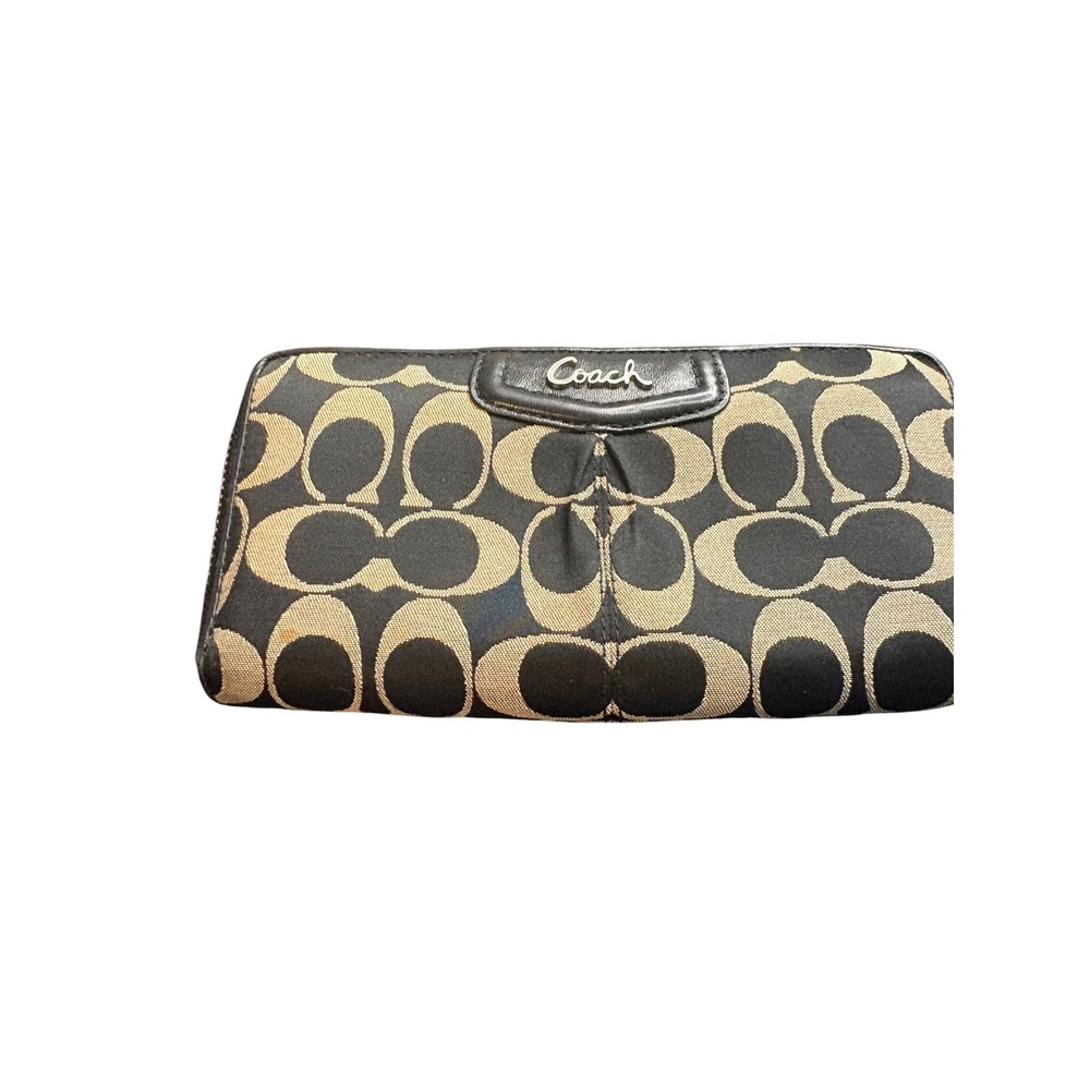 Coach Signature C Accordion Zip Around Wallet Black Tan Jacquard Canvas